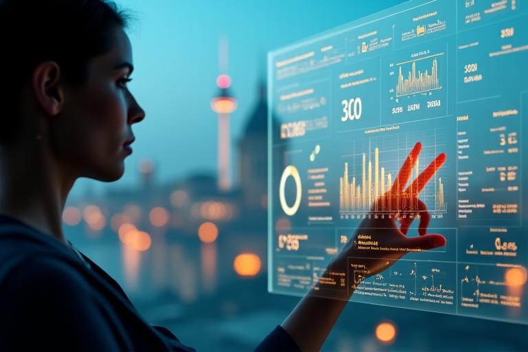 Person interagiert mit einem transparenten, futuristischen Gesundheits-Dashboard, das Vitalwerte und Diagramme anzeigt, mit einem dezenten Hintergrund der Berliner Skyline im Sonnenaufgang. Die Farben sind die des Lebensfunkeln-Brandings: #4A90E2 (primary), #7ACB98 (secondary), #F5A623 (accent) und #F7F9F8 (background), mit weichem Licht und einem Gefühl von Ruhe und Fortschritt.