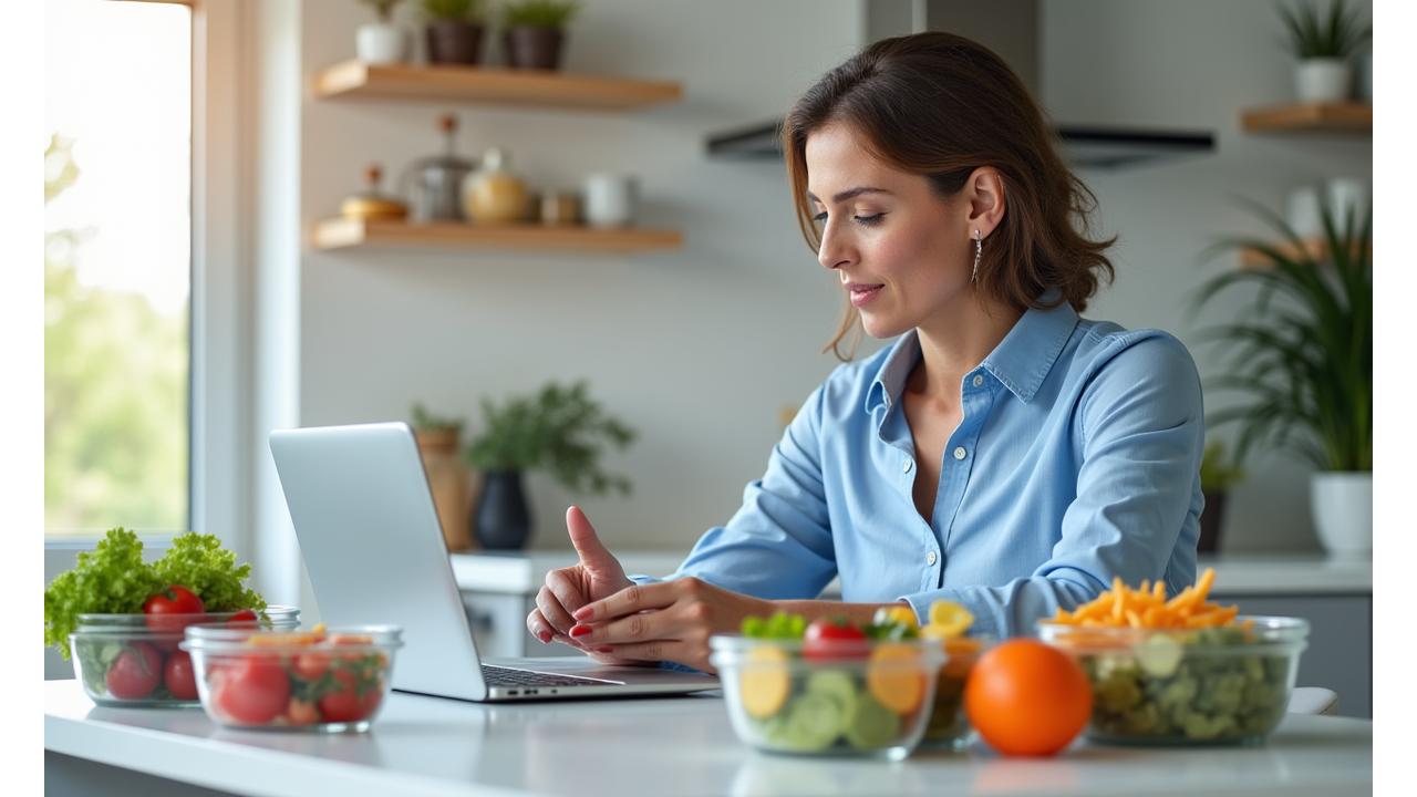 Eine Person, mittleren Alters und berufstätig, schaut auf ein Tablet mit einem übersichtlichen Meal-Planning-Layout, umgeben von vorbereiteten gesunden Mahlzeiten in Lunchboxen.
