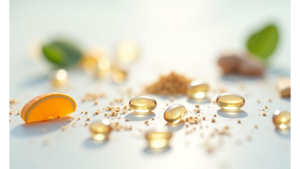 Nahaufnahme verschiedener Vitamine und Mineralien in Kapsel- und Pulverform, elegant arrangiert mit natürlichen Elementen wie Ingwer und Zitrusfrüchten vor einem wissenschaftlichen Hintergrund.