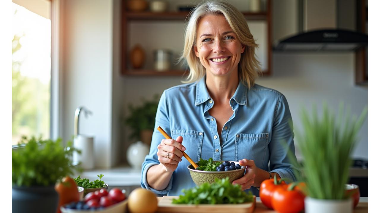 Eine Frau mittleren Alters, die frische, farbenfrohe Superfoods zubereitet, konzentriert und lächelnd, in einer modernen Küche. Die Zutaten umfassen Beeren, Blattgemüse und Samen.
