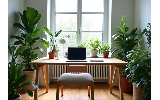 Ein heller, aufgeräumter Home-Office-Bereich in einer Berliner Wohnung mit viel Grünpflanzen, natürlichem Licht und ergonomischen Möbeln. Die Szene wirkt inspirierend und stressreduzierend.