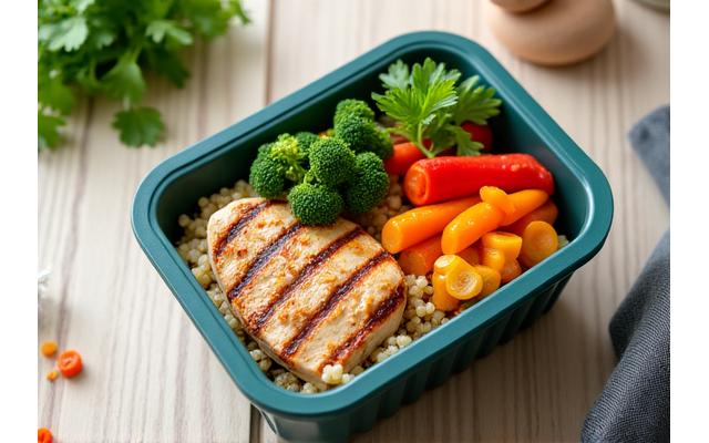 Ein bunt arrangierter Meal-Prep Behälter mit gesunden Zutaten wie Quinoa, geröstetem Gemüse und Hähnchenbrustfilet, auf einem sauberen Holztisch mit frischen Kräutern im Hintergrund. Fokus auf praktische, nahrhafte Mahlzeiten.