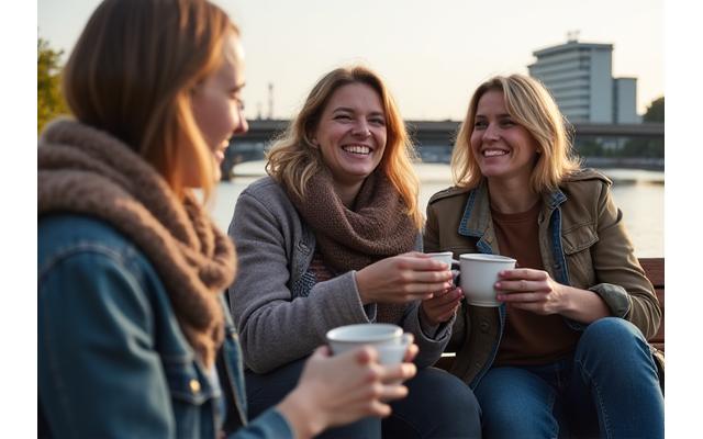 Eine Gruppe lachender, entspannter Menschen um die 40 sitzt auf einer Bank am Ufer der Spree in Berlin, unterhält sich lebhaft und trinkt Kaffee. Die Stimmung ist warm und freundlich, symbolisiert gesunde soziale Verbindungen.