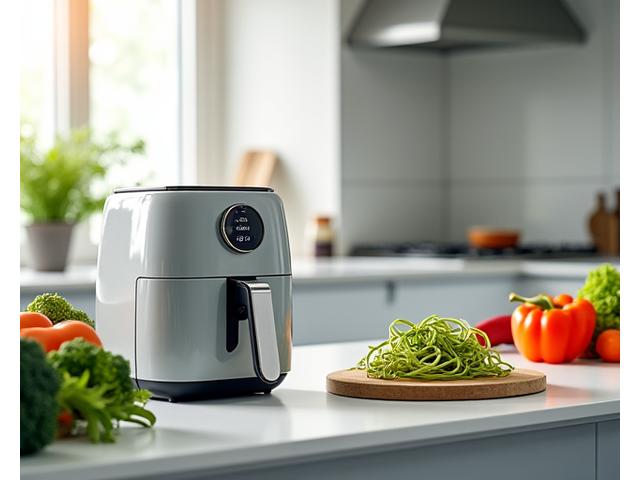 Moderne Küchenutensilien für gesundes Kochen wie ein Spiralschneider und ein Dampfgarer.