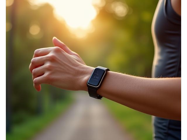 Ein eleganter Fitness-Tracker am Handgelenk einer Person beim Joggen in der freien Natur.