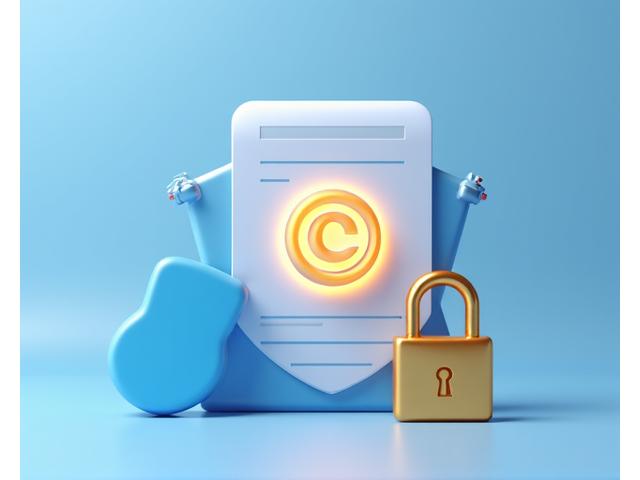 Stilisierte Darstellung eines Dokuments mit Copyright-Symbol, umgeben von einem Schutzschild und einem Vorhängeschloss in warmen, vertrauenswürdigen Farben.
