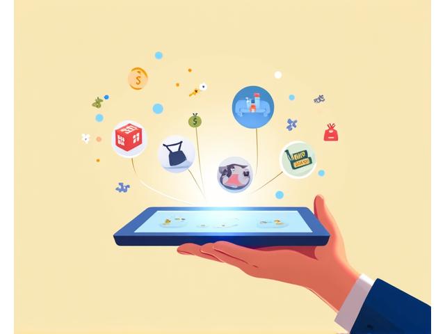 Illustration einer Hand, die auf einem Tablet einen Online-Shop durchsucht, umgeben von einem Symbol für Affiliate-Marketing (ein Link-Symbol mit einem Geldbeutel). Farben sind hell und freundlich, passend zur Marke.